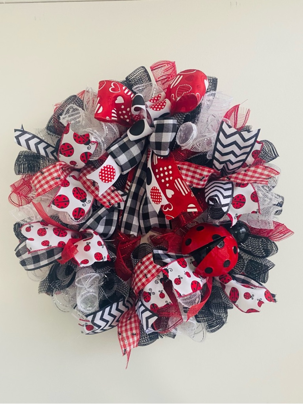 HAND CRAFTED Ladybug Wreath Door Wreath Spring Deco Mesh Ribbon Red Bow Bug